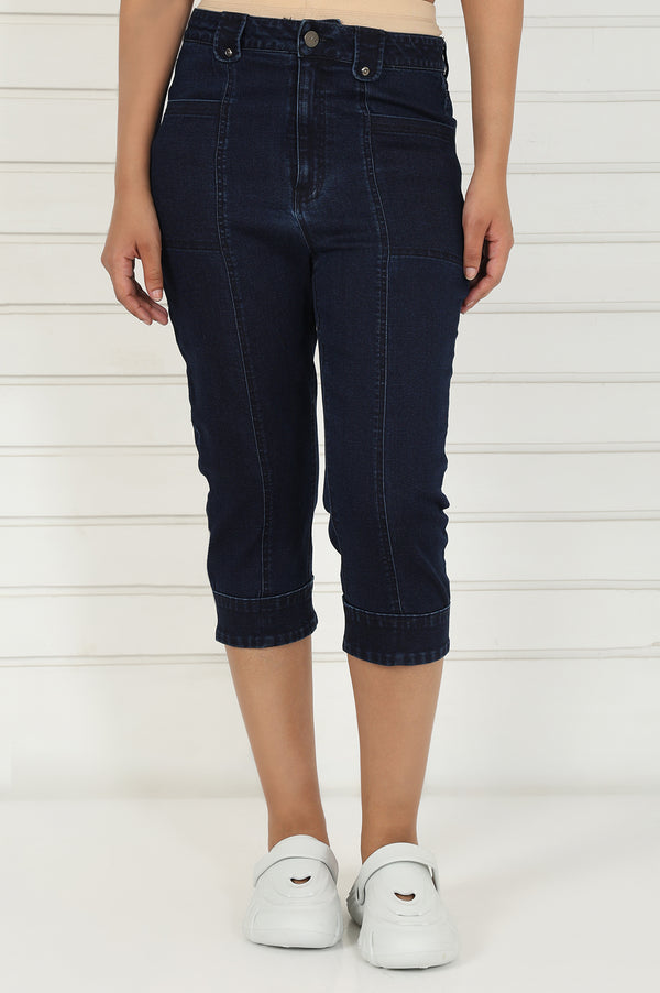 Blue Denim Lycra Mid Rise Calf Length Capri with YKK Zipper
