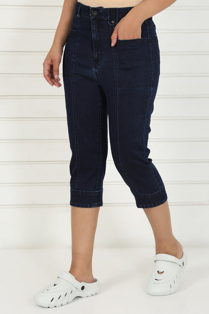 Blue Denim Lycra Mid Rise Calf Length Capri with YKK Zipper