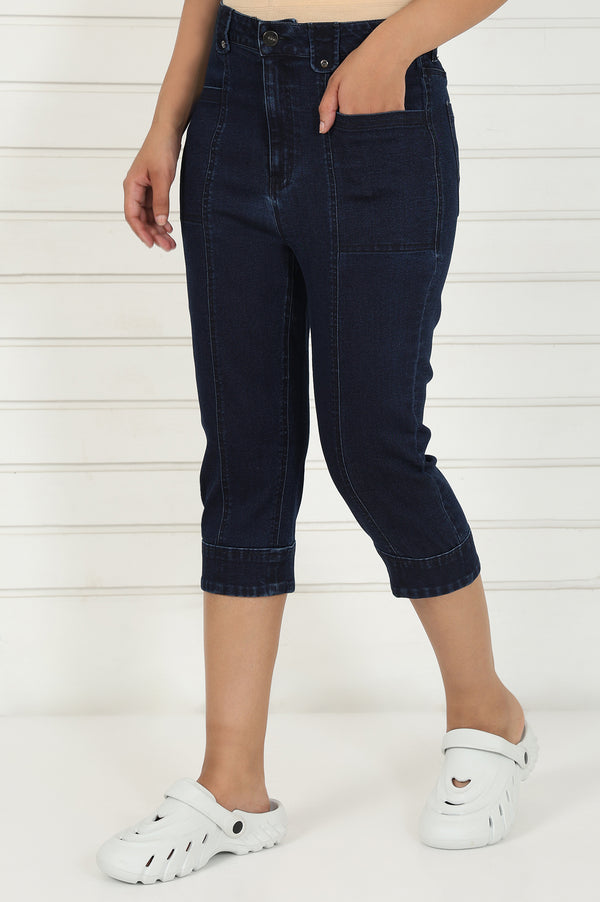 Blue Denim Lycra Mid Rise Calf Length Capri with YKK Zipper