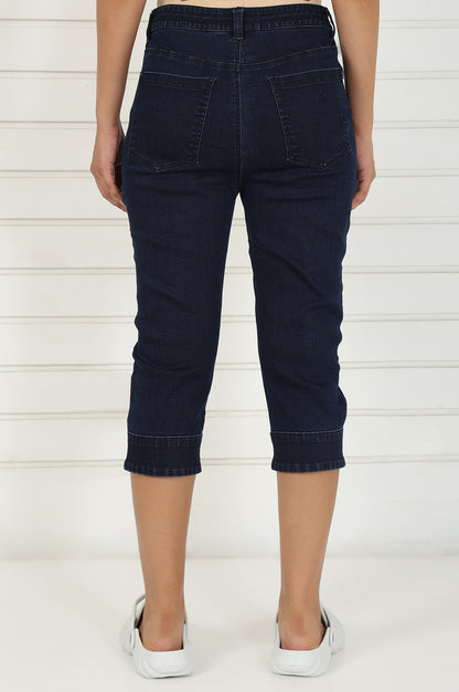 Blue Denim Lycra Mid Rise Calf Length Capri with YKK Zipper