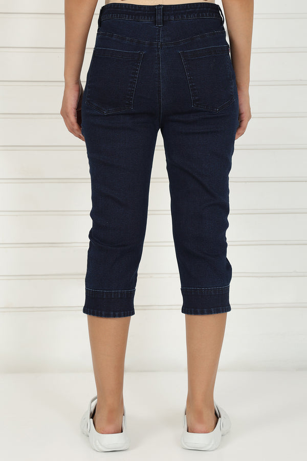 Blue Denim Lycra Mid Rise Calf Length Capri with YKK Zipper