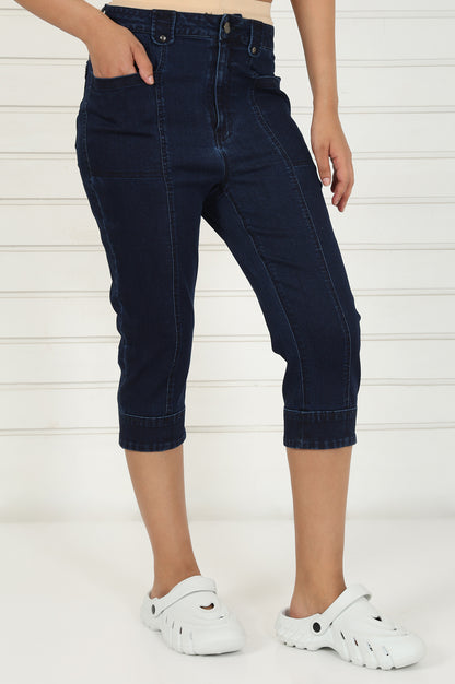 Blue Denim Lycra Mid Rise Calf Length Capri with YKK Zipper