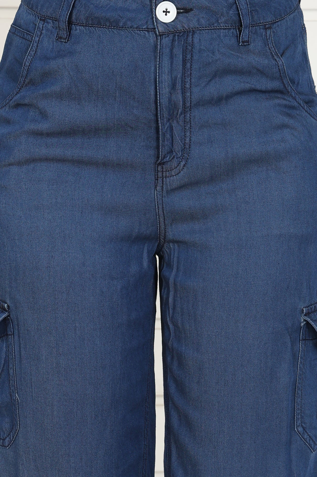 Blue Linen Lyocell Mid Rise Calf Length Capri with YKK Zipper