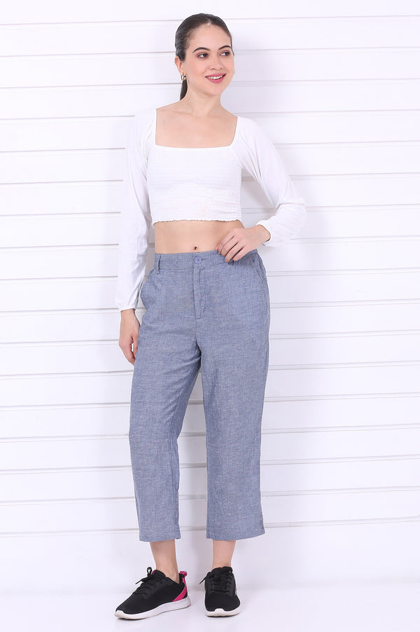 Blue Solid Ankle Length Denim Linen Pants with YKK Zipper