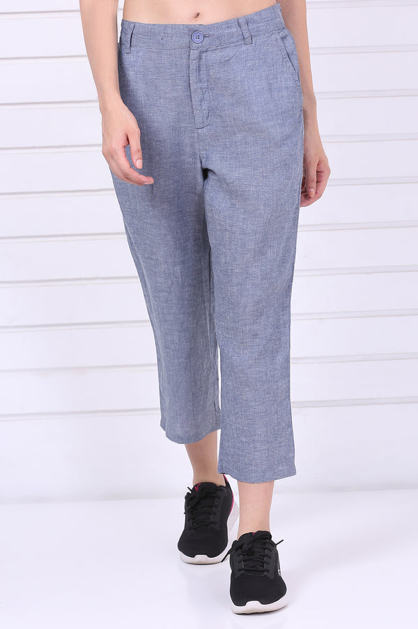 Blue Solid Ankle Length Denim Linen Pants with YKK Zipper