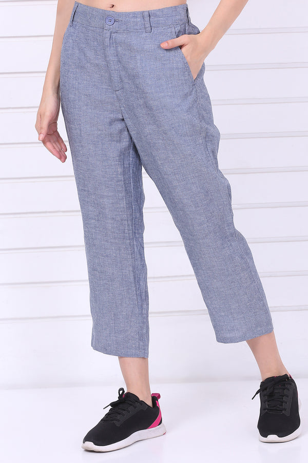 Blue Solid Ankle Length Denim Linen Pants with YKK Zipper