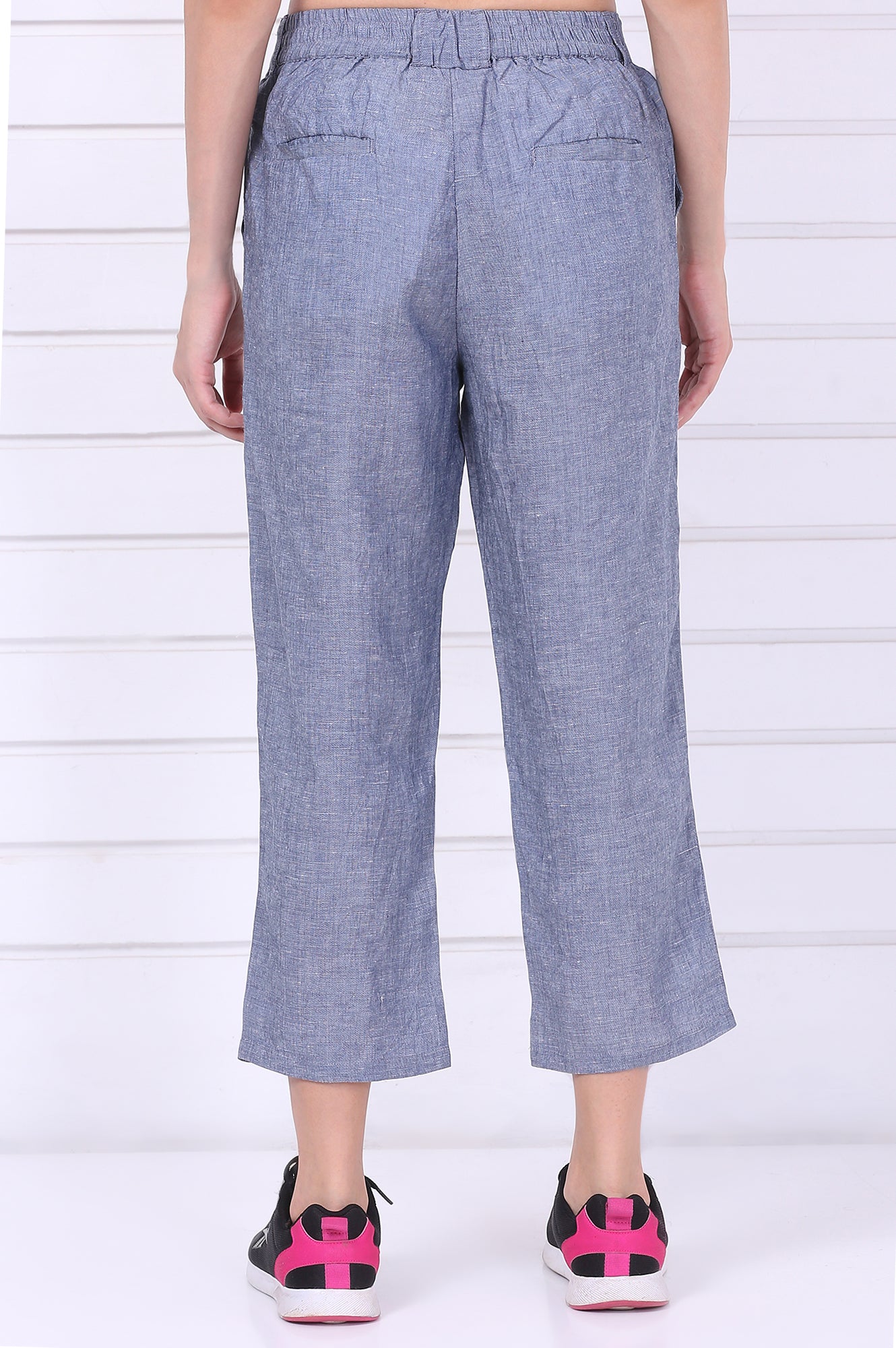 Blue Solid Ankle Length Denim Linen Pants with YKK Zipper