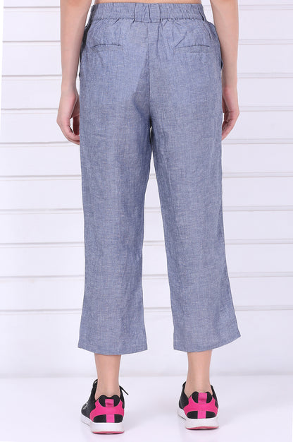 Blue Solid Ankle Length Denim Linen Pants with YKK Zipper