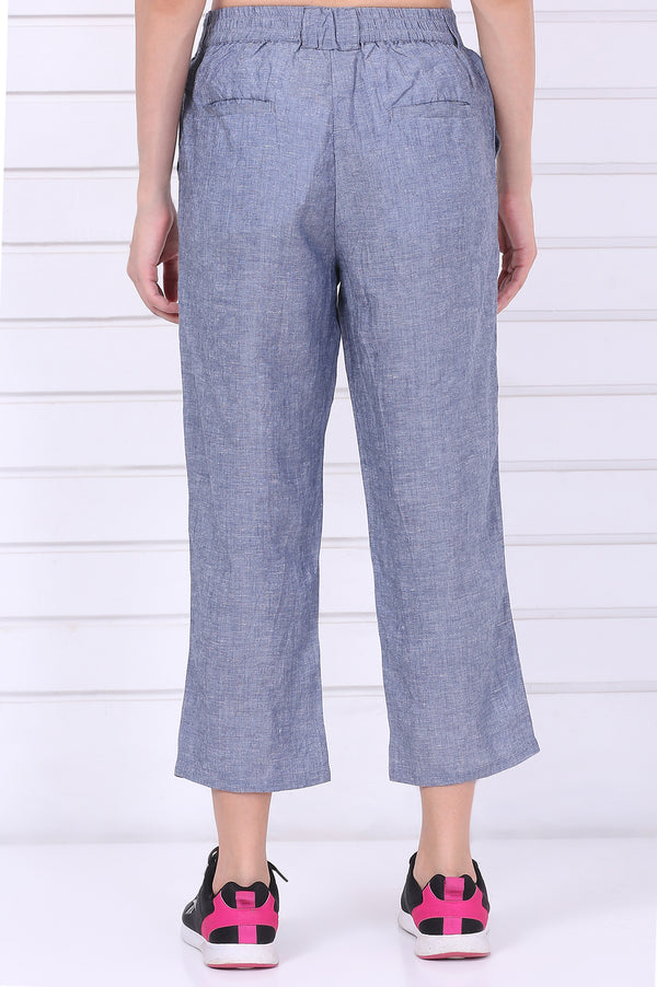Blue Solid Ankle Length Denim Linen Pants with YKK Zipper
