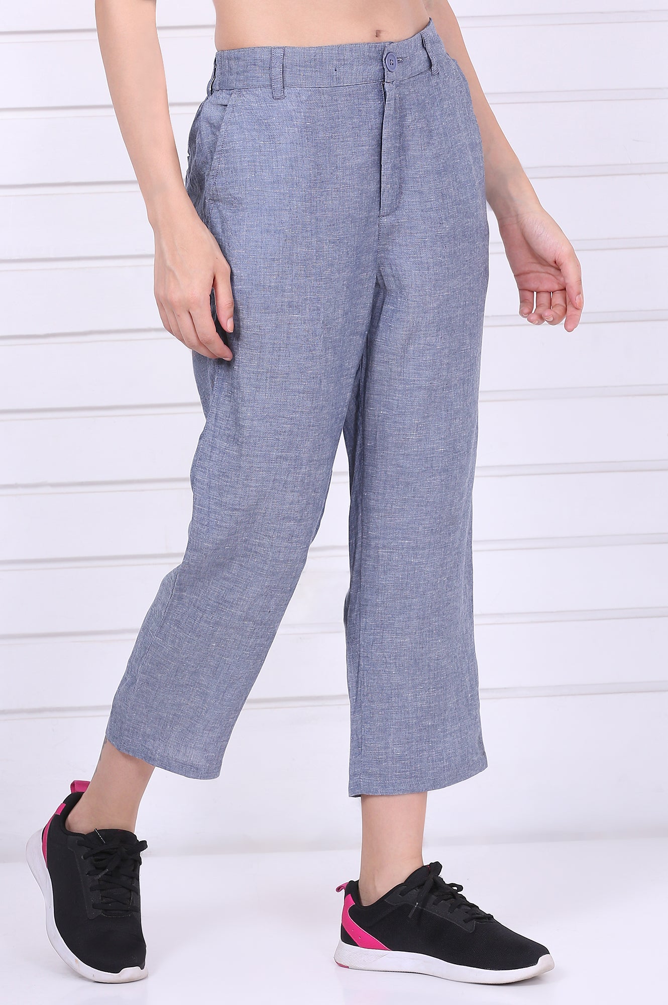 Blue Solid Ankle Length Denim Linen Pants with YKK Zipper