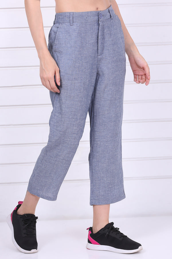 Blue Solid Ankle Length Denim Linen Pants with YKK Zipper