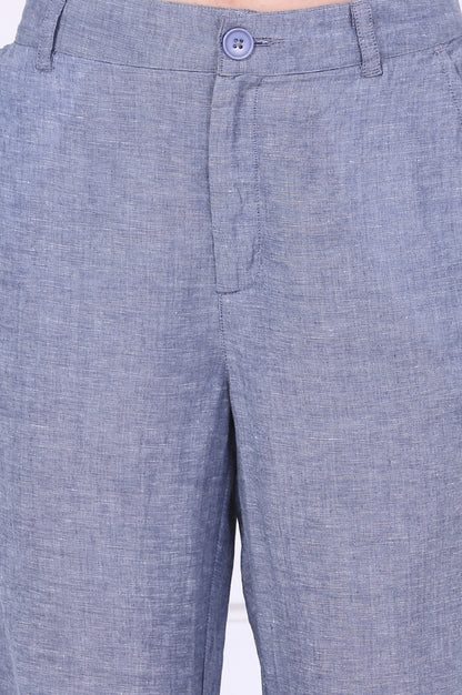 Blue Solid Ankle Length Denim Linen Pants with YKK Zipper