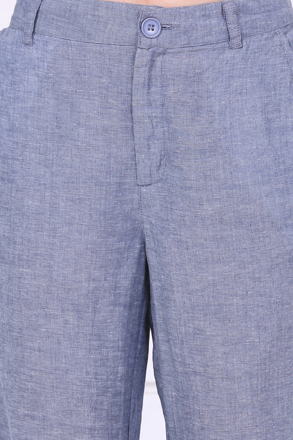 Blue Solid Ankle Length Denim Linen Pants with YKK Zipper