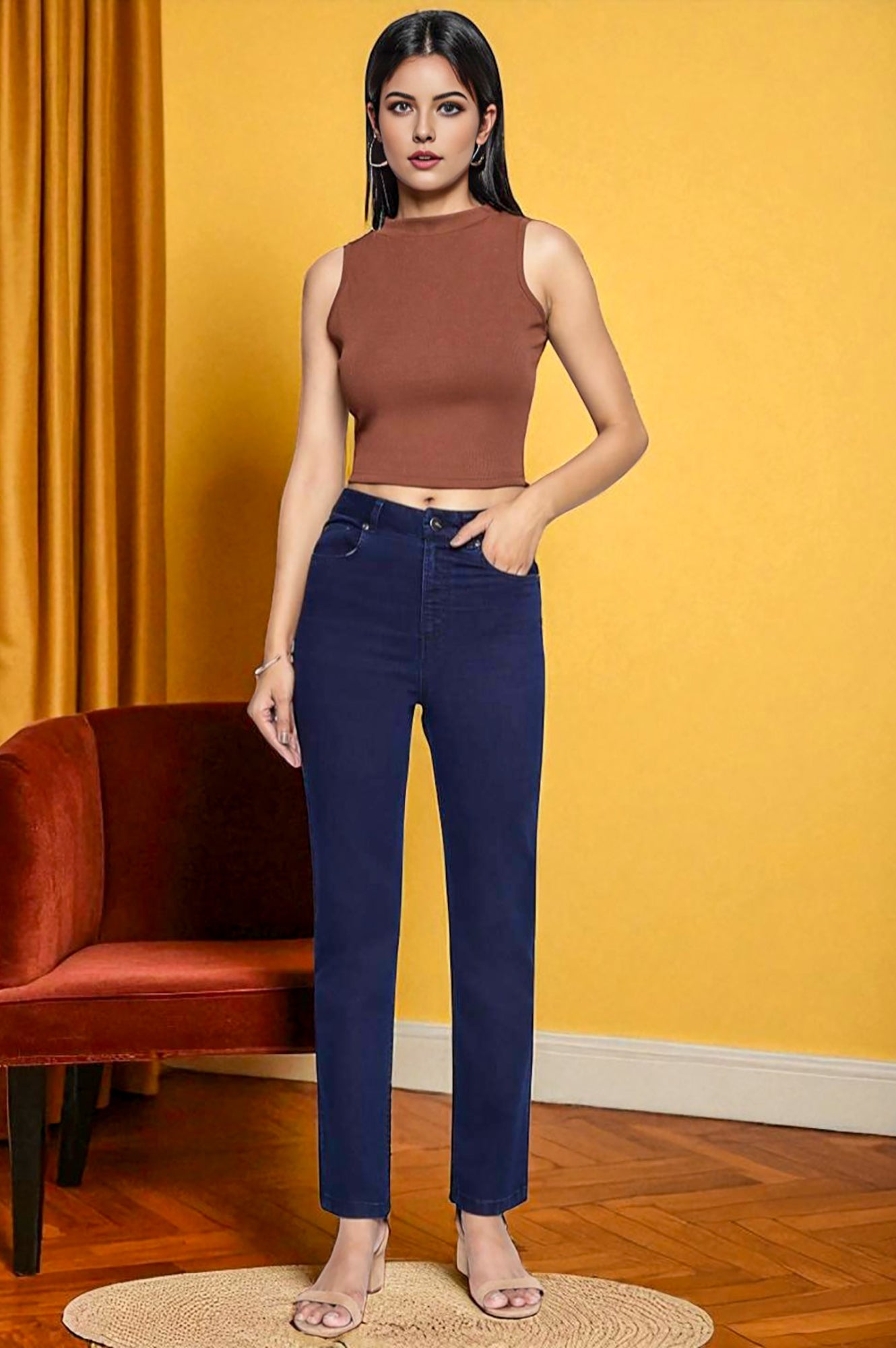 Blue Cotton Lycra Ankle Length Denim Straight Pants with YKK Zipper