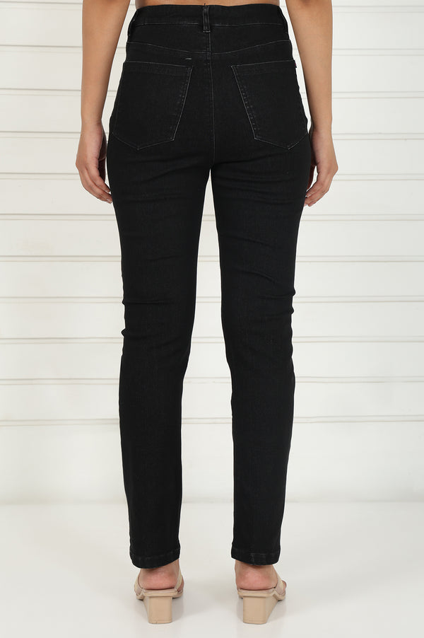 Black Denim Lycra Mid Rise Ankle Length Straight Pant with YKK Zipper
