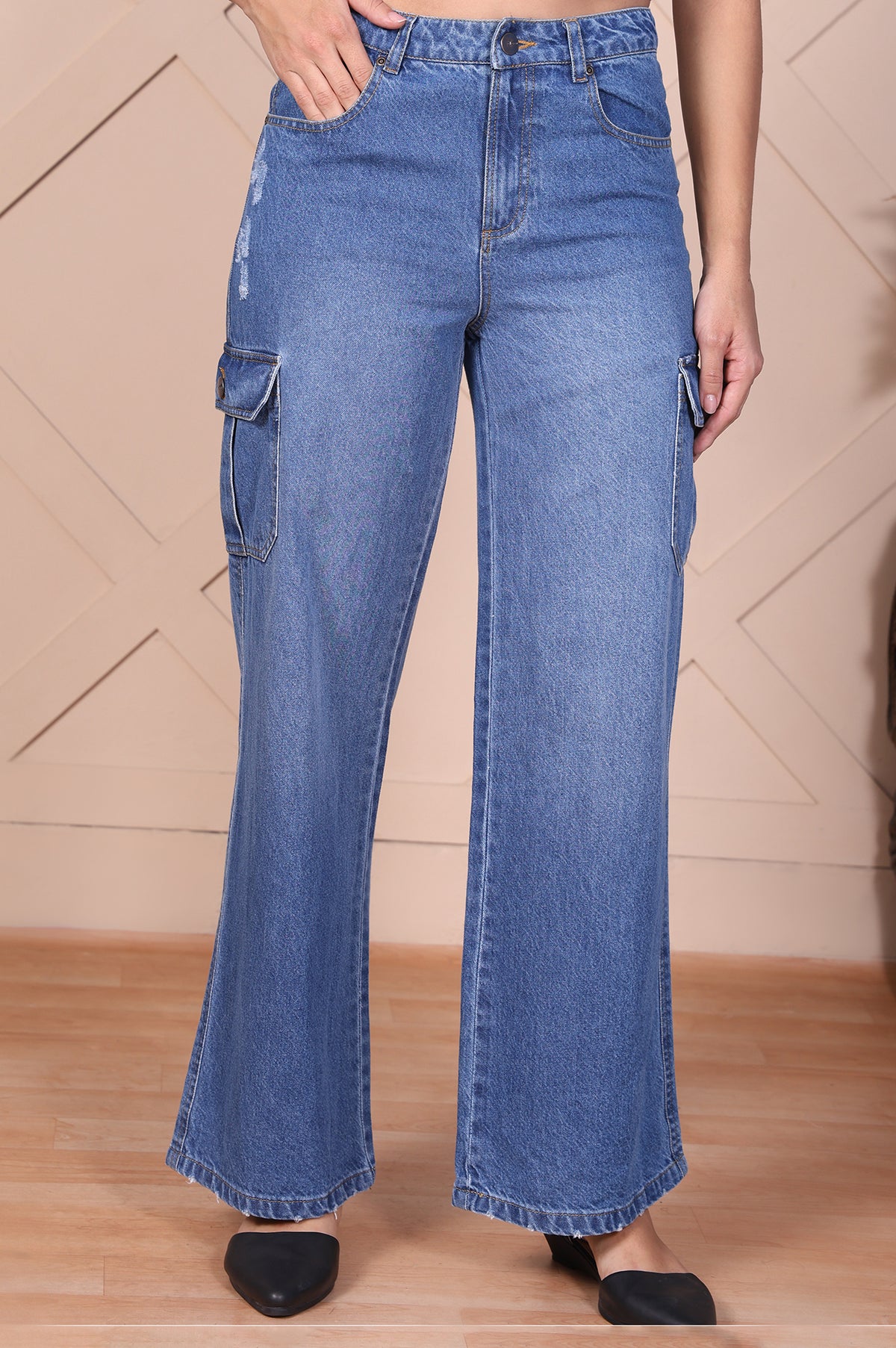 Blue Solid Denim Relaxed Fit Cargo