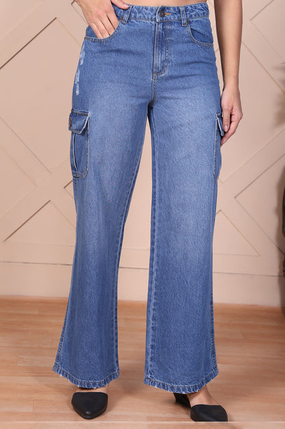 Blue Solid Denim Relaxed Fit Cargo