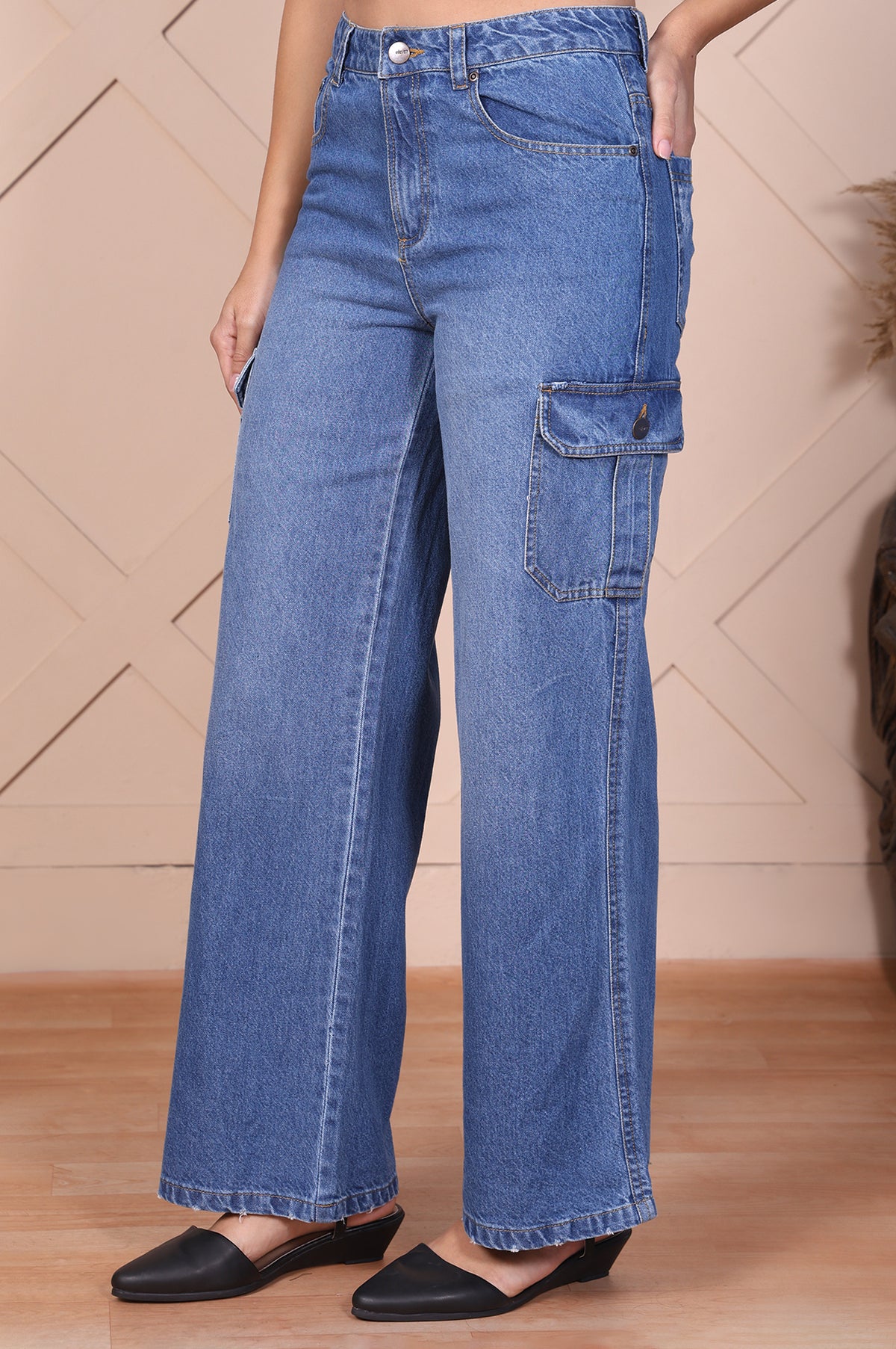Blue Solid Denim Relaxed Fit Cargo