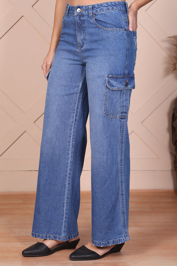 Blue Solid Denim Relaxed Fit Cargo