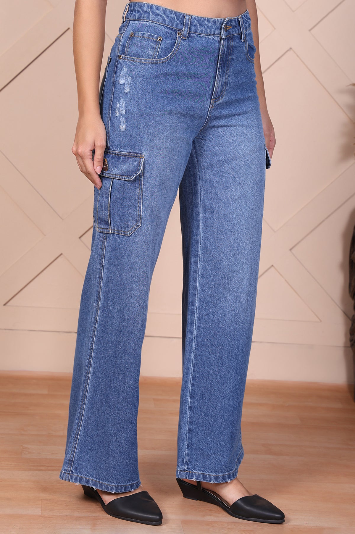 Blue Solid Denim Relaxed Fit Cargo