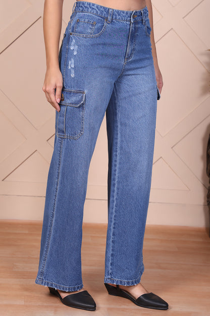 Blue Solid Denim Relaxed Fit Cargo