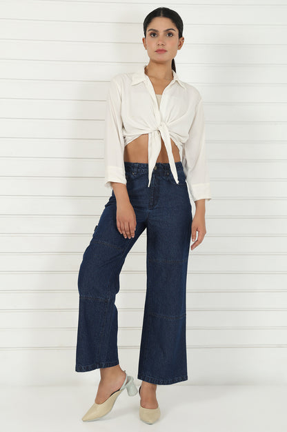 Blue Denim Mid Rise Ankle Length Flared Pants with YKK Zipper