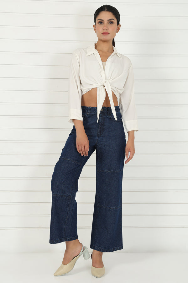 Blue Denim Mid Rise Ankle Length Flared Pants with YKK Zipper