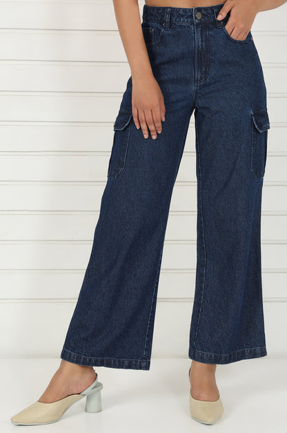 Blue Denim Mid Rise Ankle Length Flared Pants with YKK Zipper