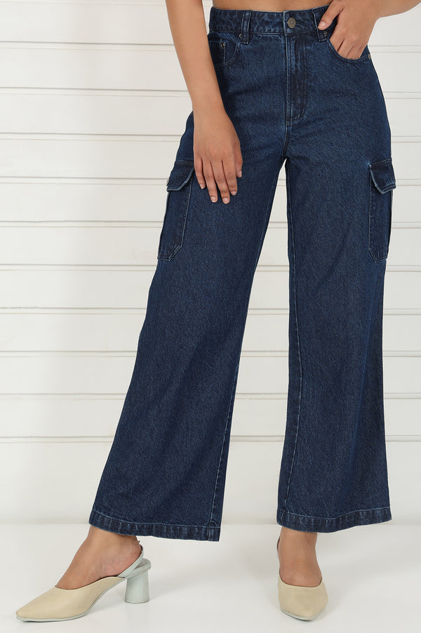 Blue Denim Mid Rise Ankle Length Flared Pants with YKK Zipper