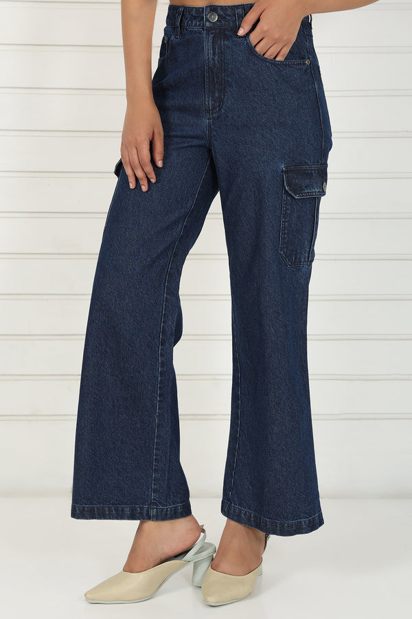 Blue Denim Mid Rise Ankle Length Flared Pants with YKK Zipper