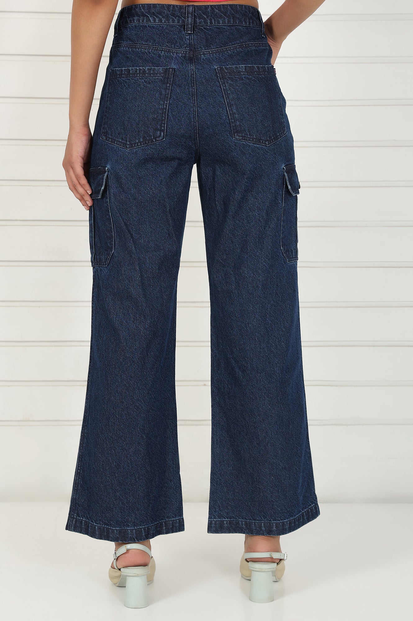 Blue Denim Mid Rise Ankle Length Flared Pants with YKK Zipper