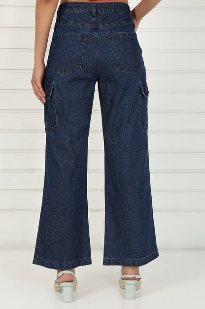 Blue Denim Mid Rise Ankle Length Flared Pants with YKK Zipper