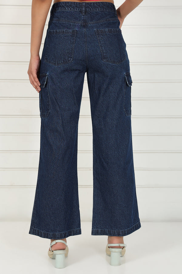 Blue Denim Mid Rise Ankle Length Flared Pants with YKK Zipper