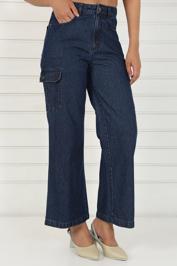 Blue Denim Mid Rise Ankle Length Flared Pants with YKK Zipper