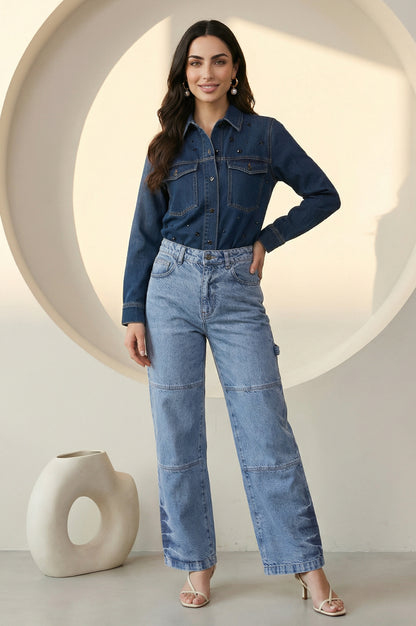 Blue Pure Cotton Wide Leg High Rise Jeans