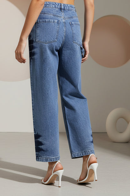 Blue Pure Cotton Wide Leg High Rise Jeans