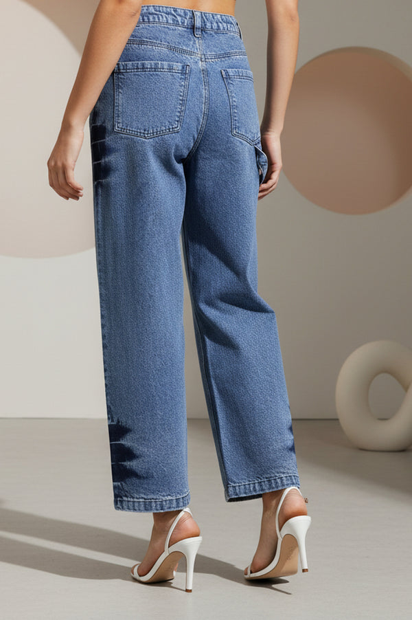Blue Pure Cotton Wide Leg High Rise Jeans