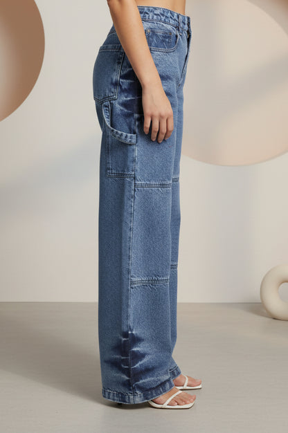 Blue Pure Cotton Wide Leg High Rise Jeans