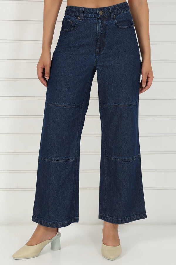 Blue Denim Mid Rise Ankle Length Flared Pants with YKK Zipper