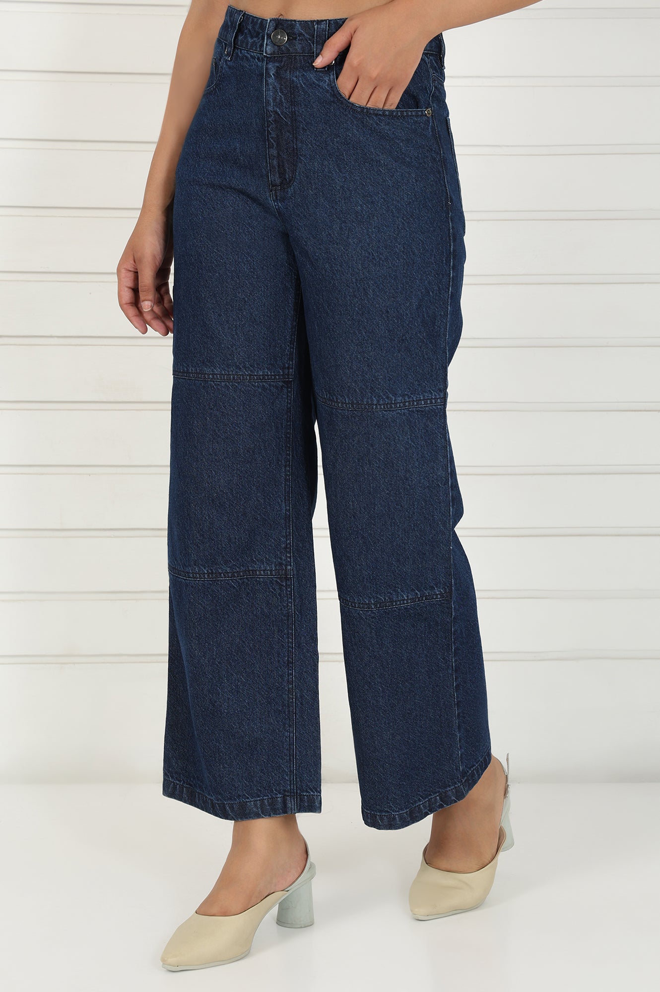 Blue Denim Mid Rise Ankle Length Flared Pants with YKK Zipper