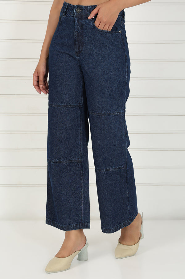 Blue Denim Mid Rise Ankle Length Flared Pants with YKK Zipper