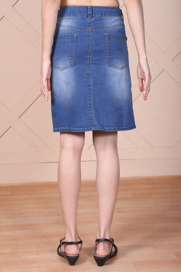 Blue Solid Denim Lycra Mid Thigh Skirt