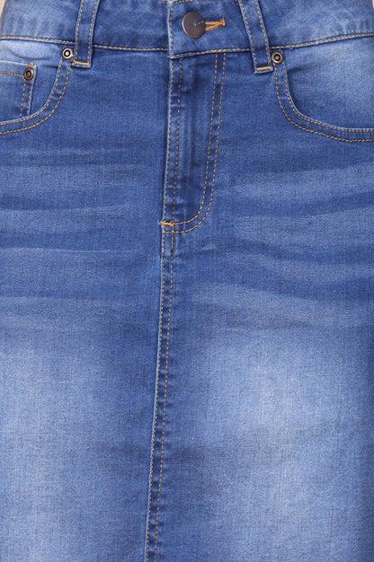 Blue Solid Denim Lycra Mid Thigh Skirt