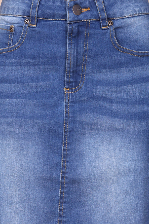 Blue Solid Denim Lycra Mid Thigh Skirt