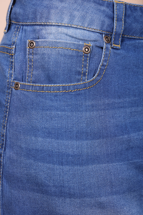Blue Solid Denim Lycra Mid Thigh Skirt