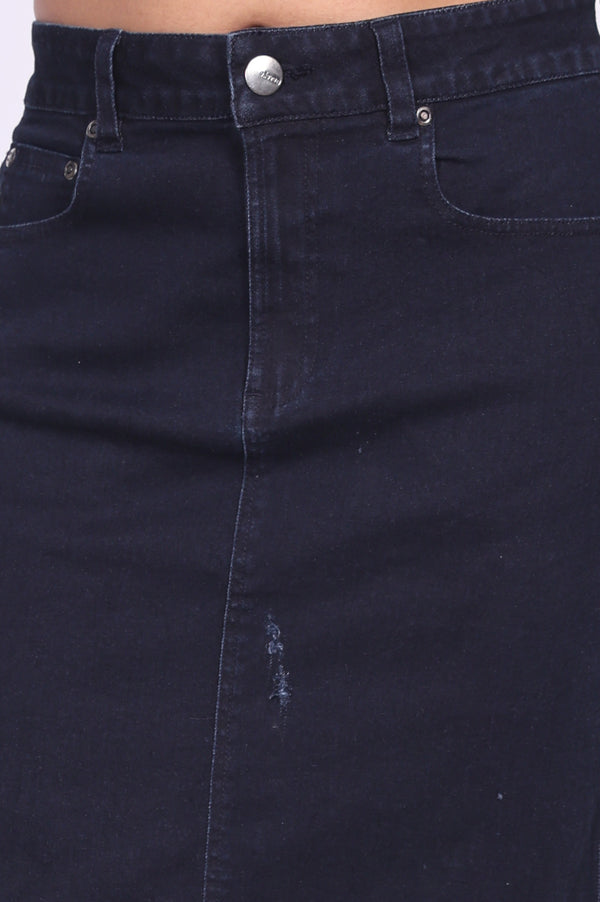 Navy Blue Straight Fit Knee Length Denim Skirt