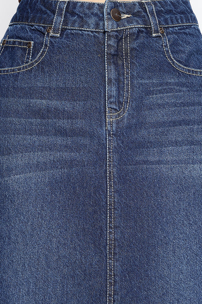 Blue Pure Cotton Straight Denim Midi Skirt with YKK Zipper