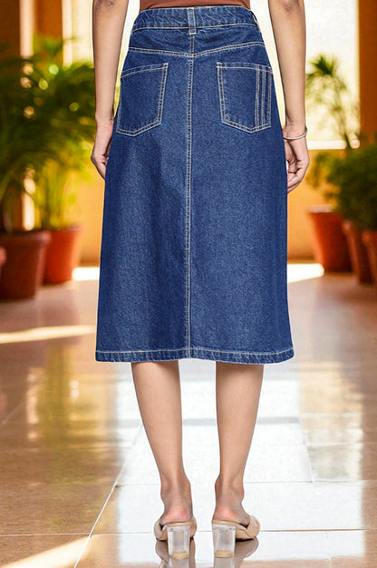 Blue Pure Cotton Straight Denim Midi Skirt with YKK Zipper