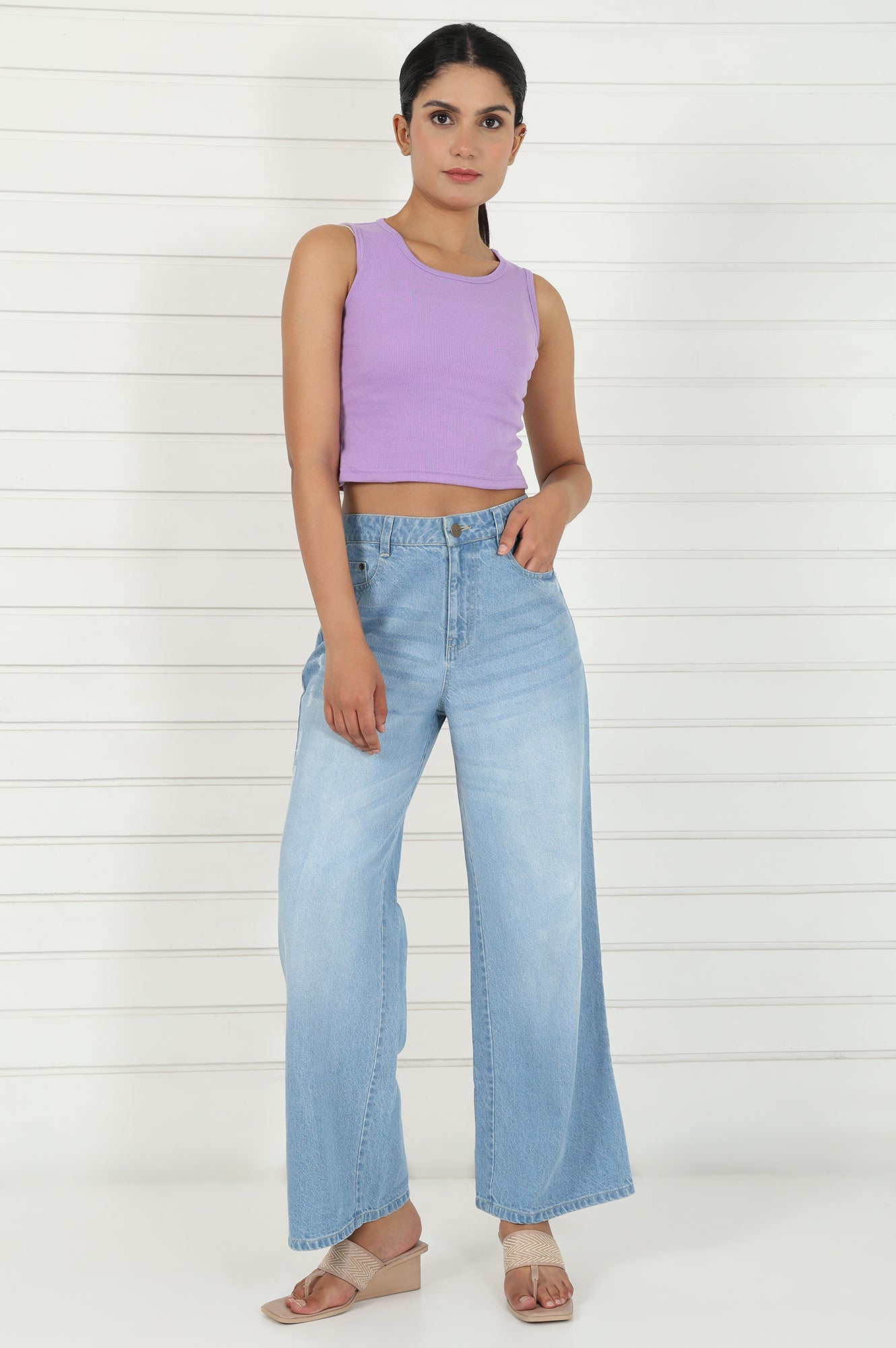 Blue Denim Mid Rise Ankle Length Flared Pants