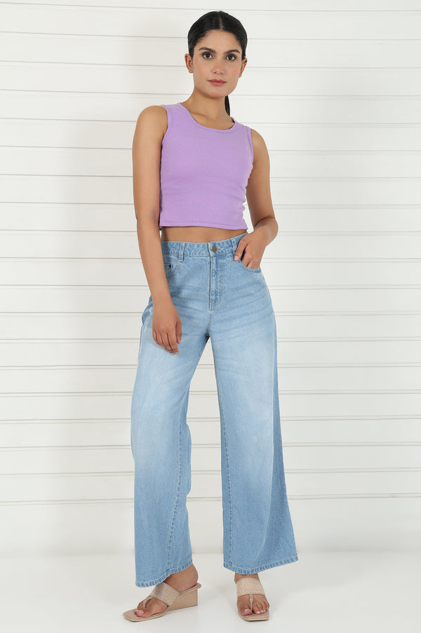 Blue Denim Mid Rise Ankle Length Flared Pants with YKK Zipper